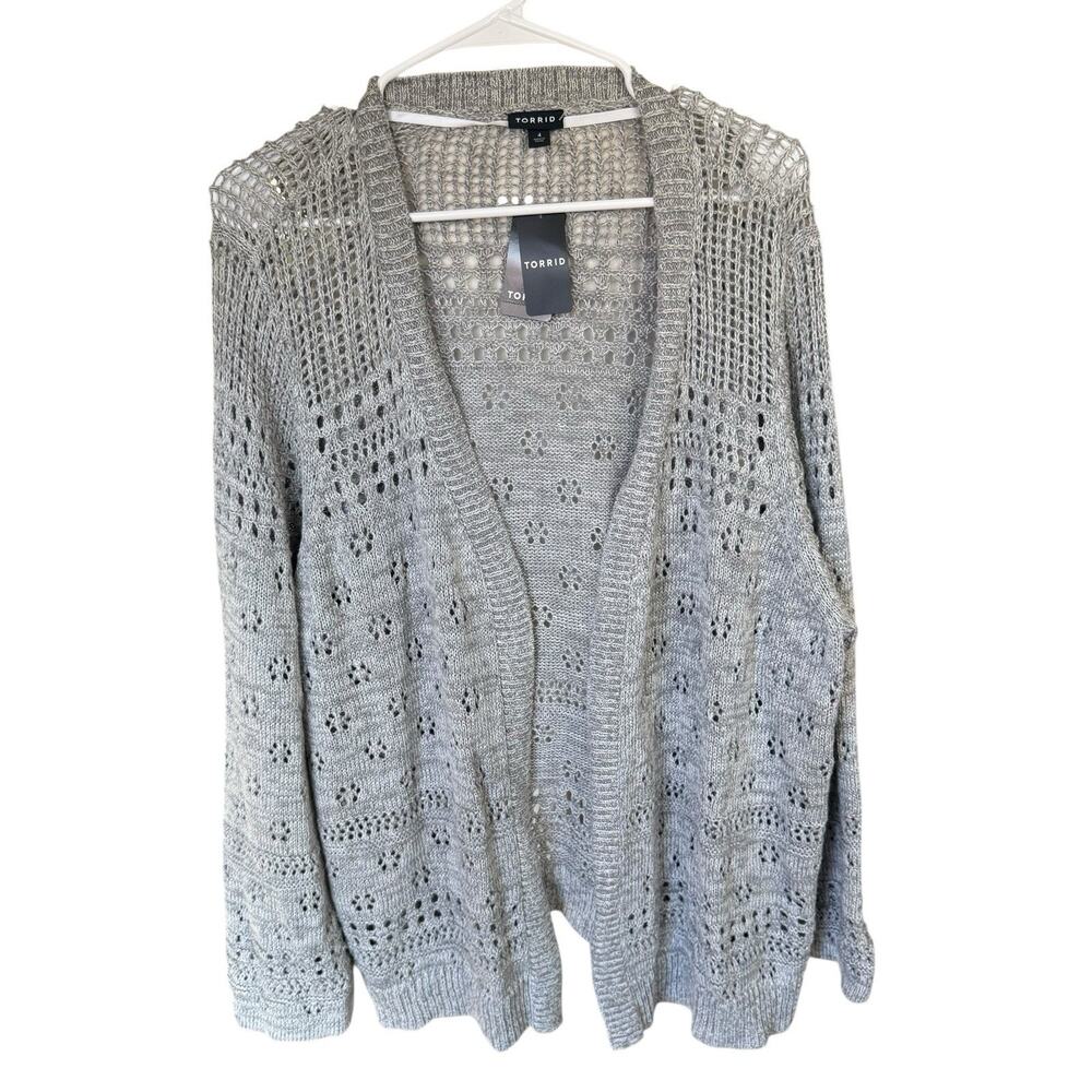 Torrid Gray Long Sleeve Pointelle Open Knit Cardigan Sweater 4XL XXXXL New